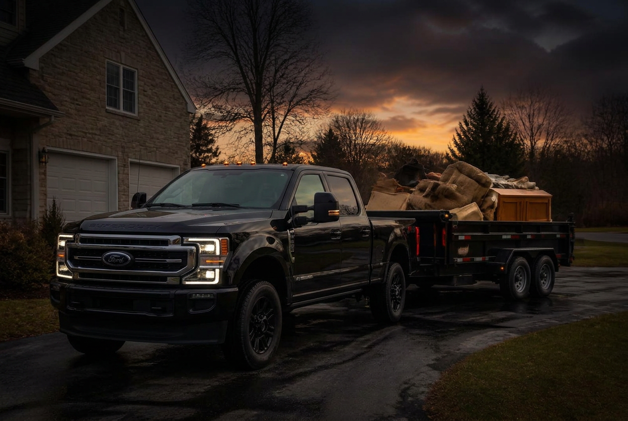 Black truck with a loaded dump trailer parked at a Pennsylvania home after a junk removal job